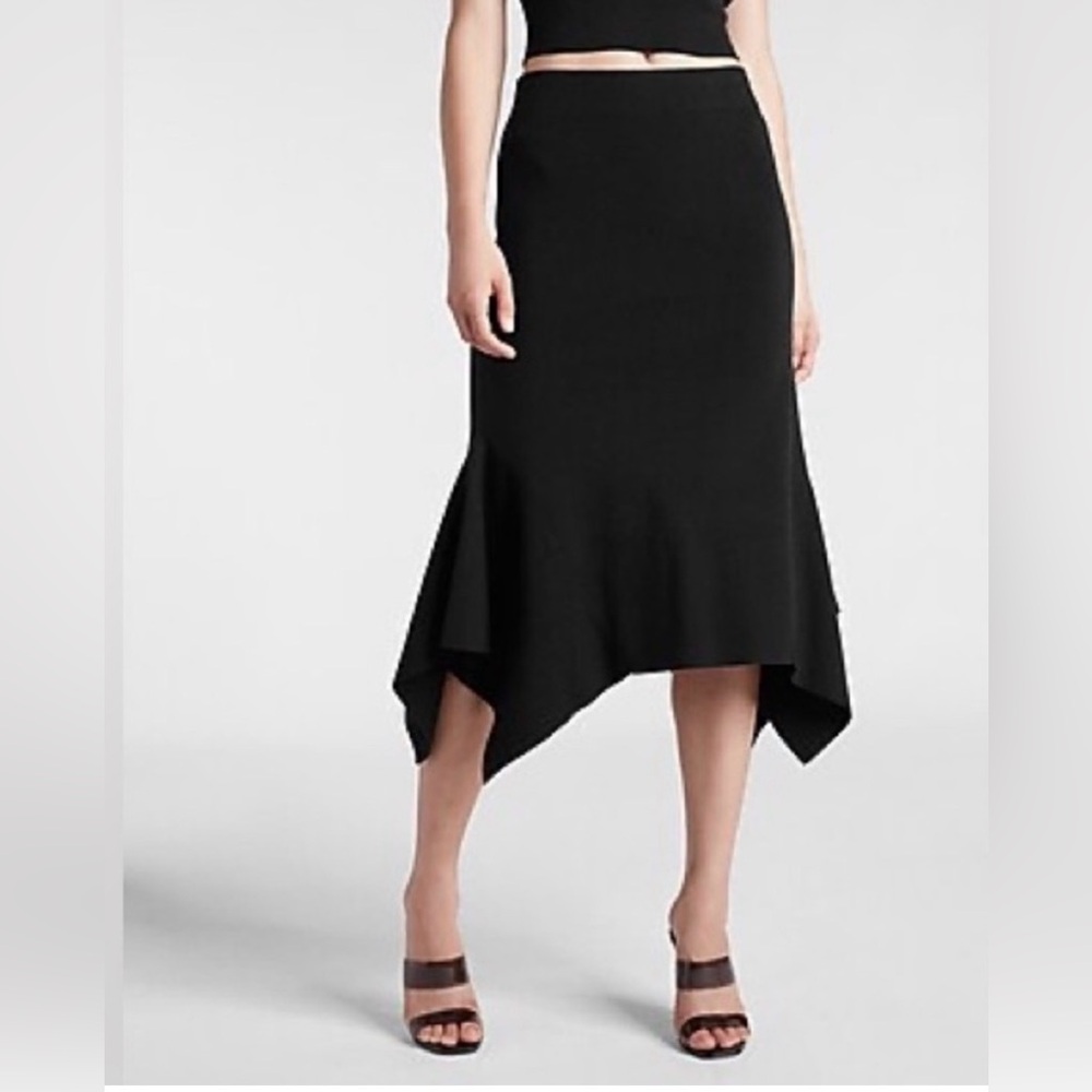 Express NWOT Black Asymmetrical Midi Skirt XS NWOT Flounce Hem High Waist